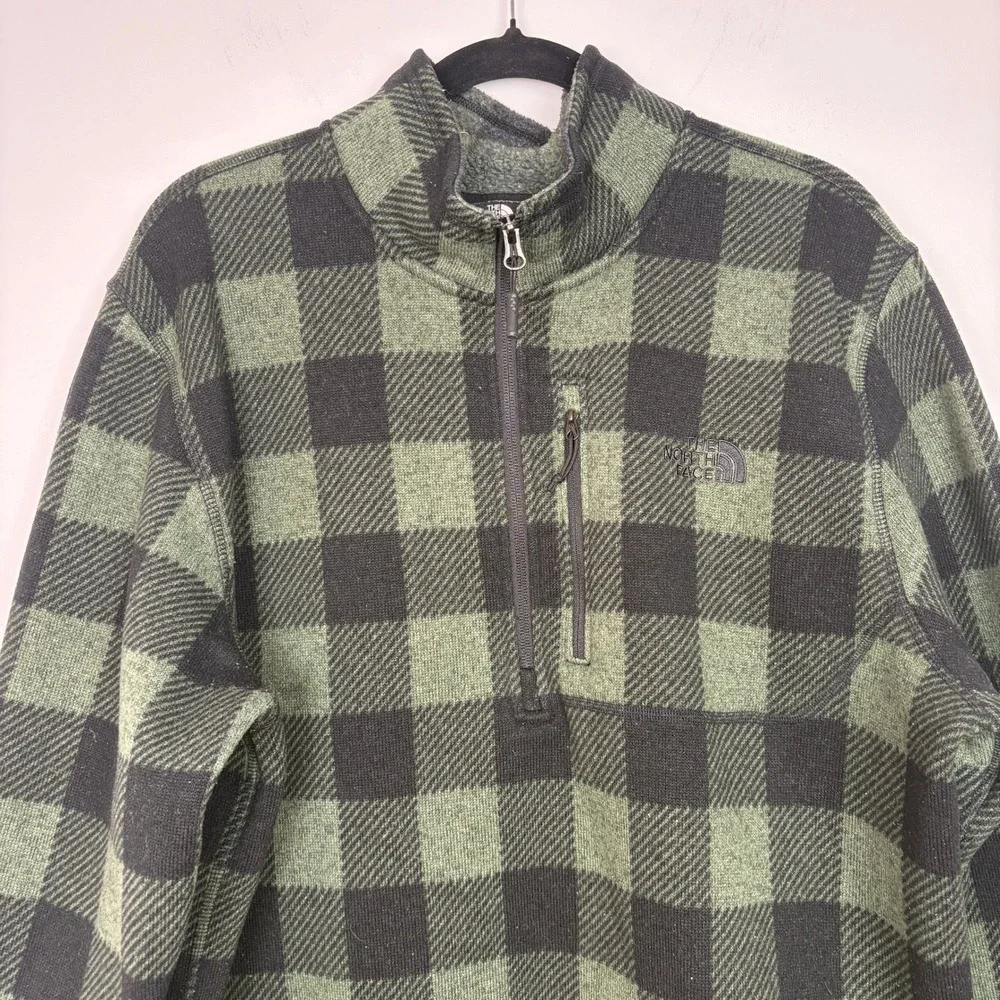 The North Face Mens 1/4 Zip Fleece Sweater XXL Green Plaid Pocket Elbow Patches